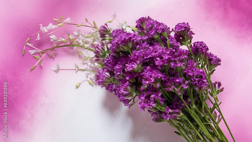 Selective focus on purple statice flower bouquet on pastel pink and white background Selective focus on purple statice flower bouquet on pastel pink and white background