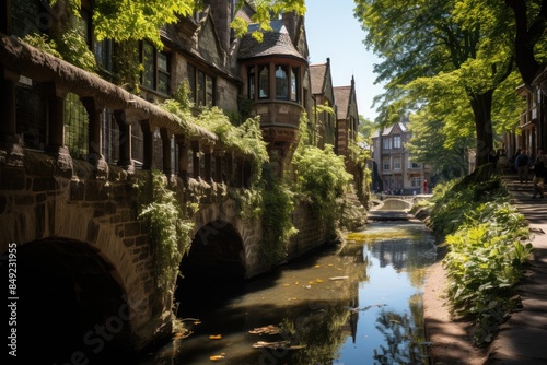 Dean Village, Edinburgh picturesque scene by the river., generative IA