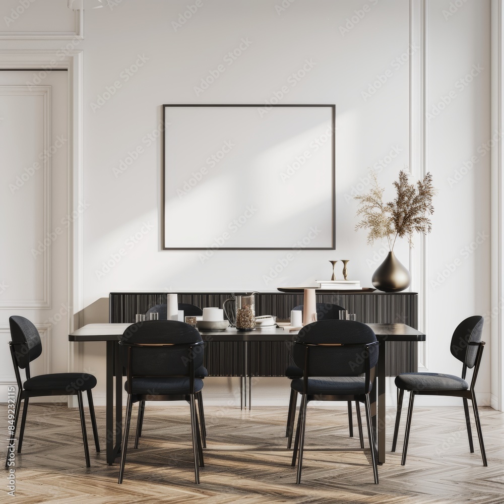 The living room contains four chairs, a dining table, and a sideboard in a bright color scheme The living room contains four chairs, a dining table, and a sideboard in a bright color scheme