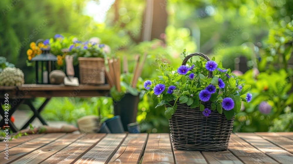 a beautiful flower basket on the porch, surrounded by gardening tools, lanterns, and vibrant purple flowers in pots. a beautiful flower basket on the porch, surrounded by gardening tools, lanterns, and vibrant purple flowers in pots.