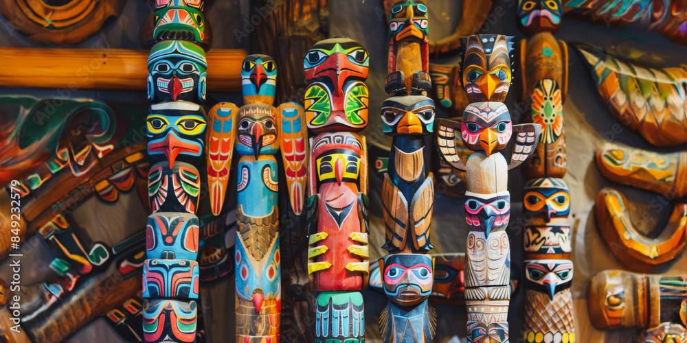 Group of colorful totem poles Group of colorful totem poles