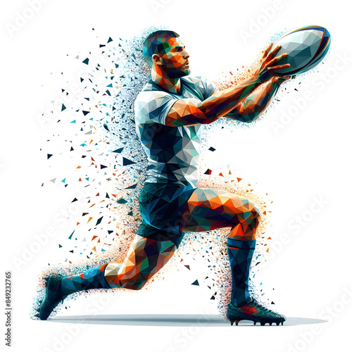 Dynamic Low Poly Rugby Player Passing Ball with Shatter Effect on White Background: A Stunning Digital Art Masterpiece