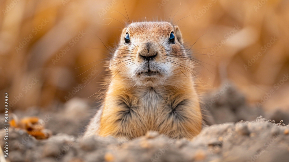 Naklejka premium A small, brown prairie dog with short fur stands alert on the prairie, eating grass