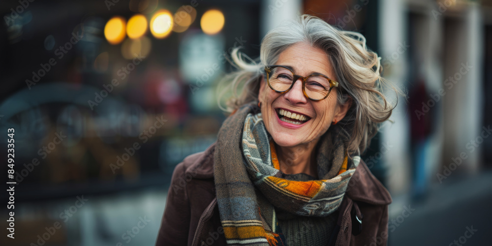 Obraz premium Elderly woman smiling with glasses and scarf