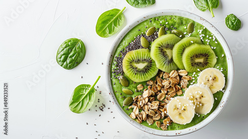 Wallpaper Mural Vibrant green smoothie bowl topped with sliced kiwi, banana, granola, and chia seeds, on a white background Torontodigital.ca