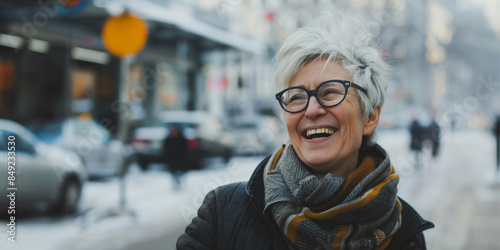 Elderly woman smiling with glasses and scarf