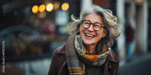 Elderly woman smiling with glasses and scarf