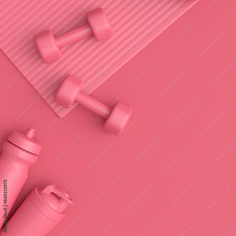 Isometric view of sport equipment like water battle, dumbbell and yoga mat Isometric view of sport equipment like water battle, dumbbell and yoga mat