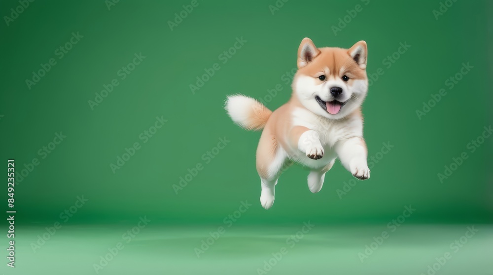 A cute dog is happy and jumping on a studio background. Portrait of a happy, cheerful dog on a background. Green Screen A cute dog is happy and jumping on a studio background. Portrait of a happy, cheerful dog on a background. Green Screen
