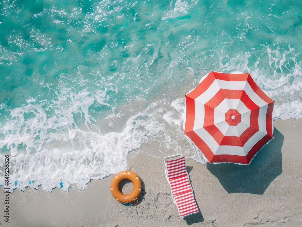 Naklejka premium In the summer vacation concept, an umbrella, chair, and float are shown in red and white on a sandy shore with ocean waves. Aerial view. Stock AI concept.