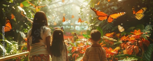 Family exploring a butterfly garden for National Just Because Day, August 27th, marveling at colorful butterflies, 4K hyperrealistic photo.