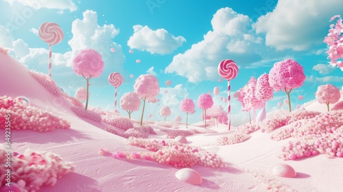 The fantasy world of pink lollipop trees surrounded by candy-shaped mounds is a whimsical candy landscape. Generated using Artificial Intelligence.