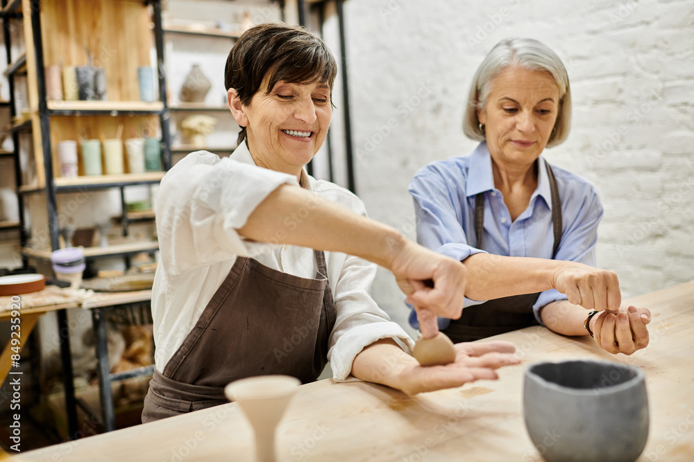 Two mature women, wearing aprons, work on pottery in a studio setting. Two mature women, wearing aprons, work on pottery in a studio setting.