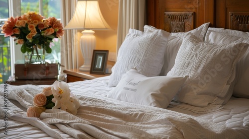 A bed in a guest room with fresh linens, a welcoming note, and a vase of flowers, creating a hospitable environment photo