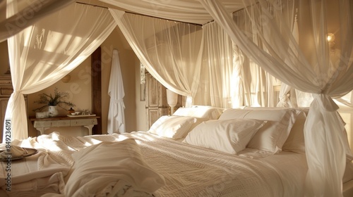 A canopy bed with elegant drapes and soft bedding, providing a romantic and dreamy atmosphere © Plaifah