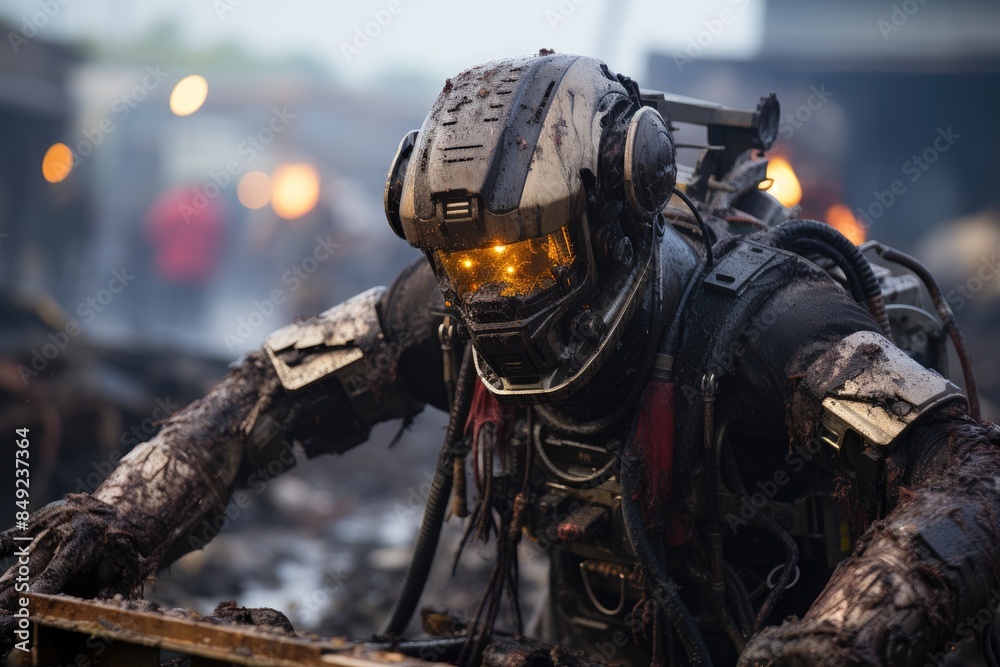 Fototapeta premium Fighting robot faces the intense flames., generative IA