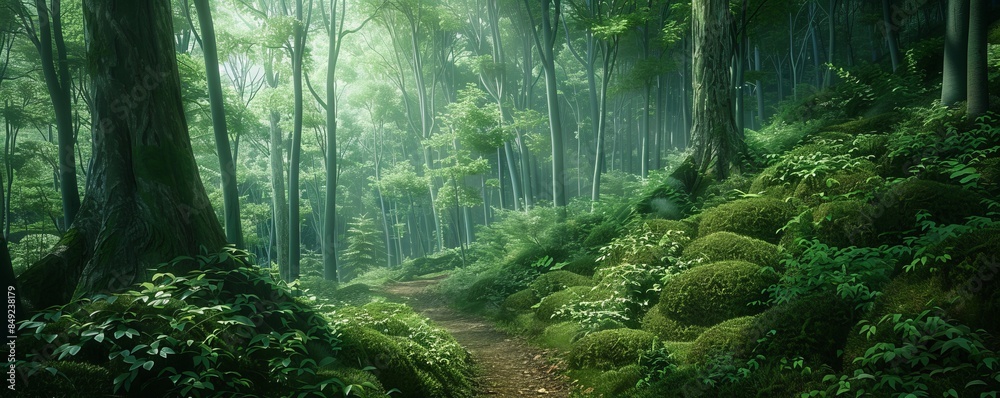 Lush green forest with a hidden trail leading to a breathtaking viewpoint, 4K hyperrealistic photo