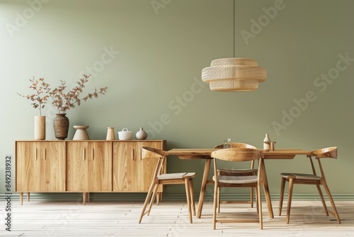 An interior design for a green home with wooden furniture and a sideboard in the living room
