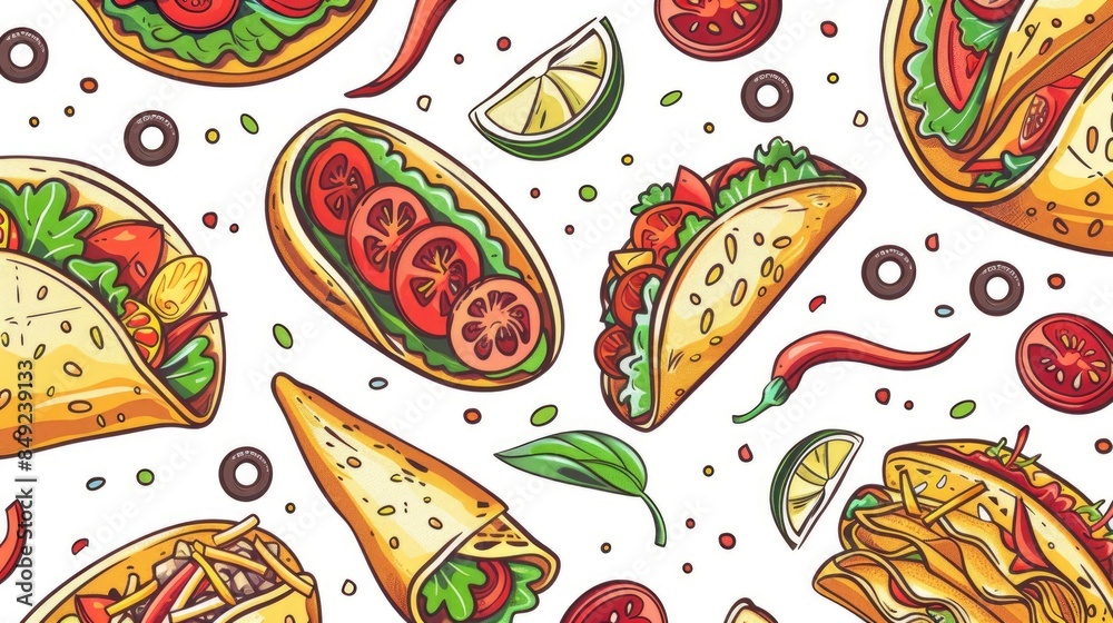 Naklejka premium 2d illustration in a hand drawn style depicting a seamless pattern of Mexican traditional food