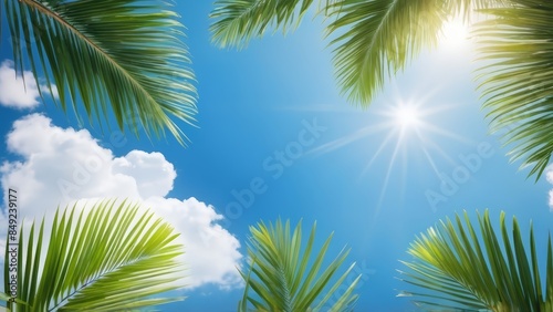 palm leaves on blue bright cloudy sky with sunshine bottom view, holiday background. 