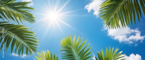 palm leaves on blue bright cloudy sky with sunshine bottom view, holiday background. 