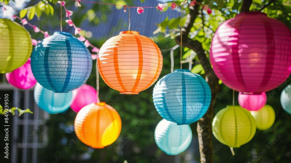 Fototapeta premium A collection of colorful paper lanterns hanging outdoors, creating a festive atmosphere for a garden party