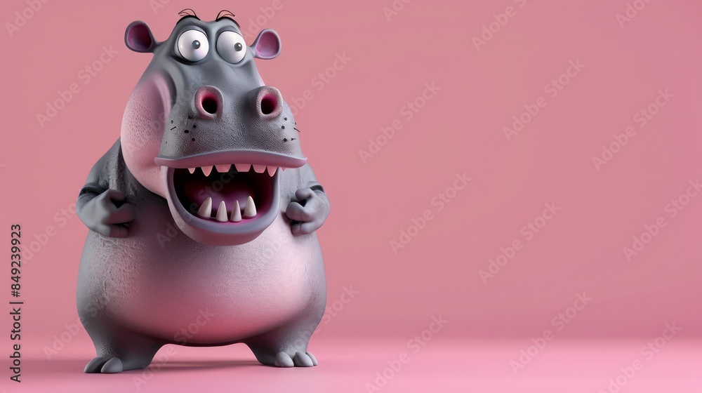 3D cartoon cute hippo Shocked and surprised faces on pink background 3D cartoon cute hippo Shocked and surprised faces on pink background