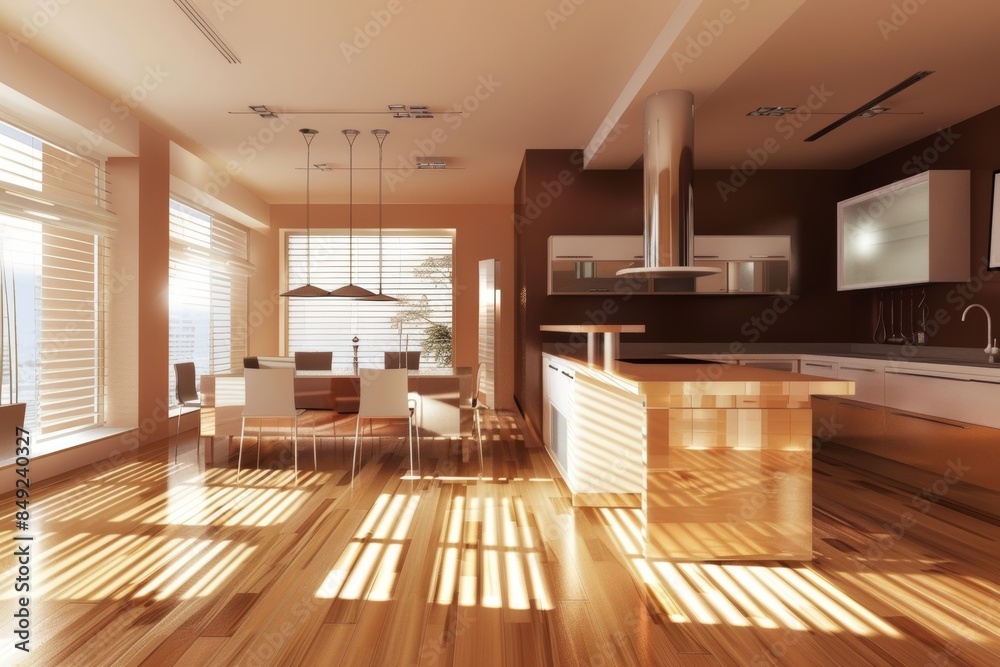 Obraz premium The interior of a luxury home kitchen includes a bar counter and stool, a cabinet, and a window