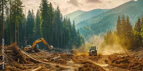 A scene of excavators at work in a deforested area within what was once a lush forest underscores the severe impact of deforestation on the environment. photo