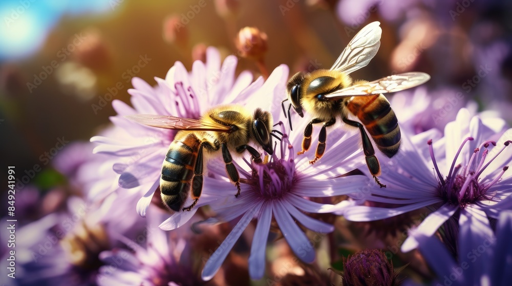 Two honey bees collecting nectar from a purple flower. Two honey bees collecting nectar from a purple flower.