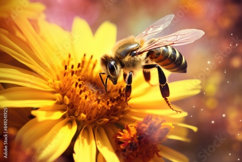 A bee pollinating a flower. photo