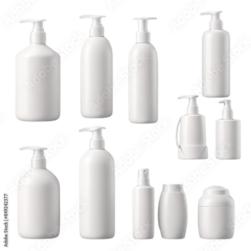 Cosmetic bottle collection. Set of cosmetics package mockup. Soap pump dispenser blank, cream jar, shampoo bottle, toothpaste tube design. Mock up of plastic bottles