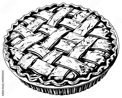 illustration in black of a classic american fruit pie with lattice top crust, isolated 