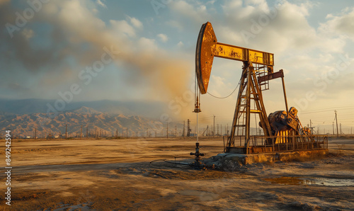 Oil well. Oil price cap concept. Oil drilling derricks at desert oilfield. Crude oil production from the ground. Petroleum production. The change in oil prices caused by the war.
