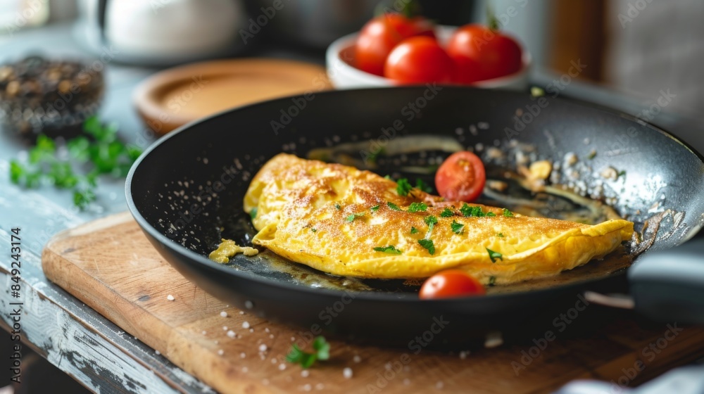A frying pan with a perfectly cooked omelette being slid onto a plate, showcasing a delicious breakfast moment