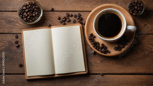 mock up white blank empty paper and cup of coffee on wooden texture table.