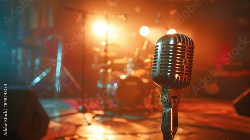 Musical background with retro microphone on stage.