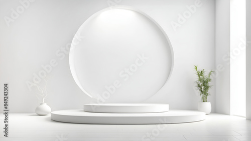 white product podium stage with plant pot in white room.