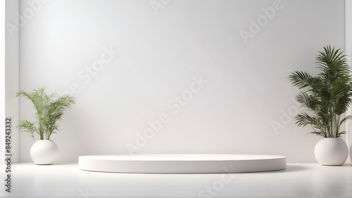 white product podium stage with plant pot in white room.