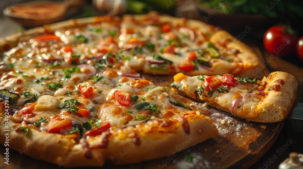 Delicious Pizza with Various Toppings on Wooden Board Delicious Pizza with Various Toppings on Wooden Board