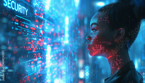 AI cyber hacking concept banner. Black female cyberspace security IT specialist analysing data threats. African american ai robot, side profile. Matrix digital number rain code. Picture a vibrant, neo