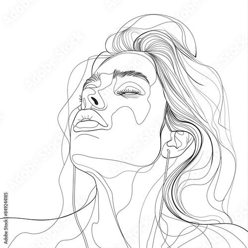  A minimalist line art portrait of a woman, capturing the essence of her features with smooth, flowing lines and subtle details, emphasizing simplicity and elegance