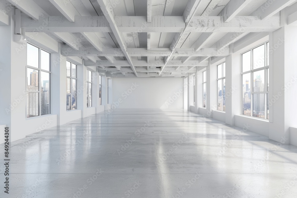An empty office interior with a light concrete floor and panoramic windows An empty office interior with a light concrete floor and panoramic windows