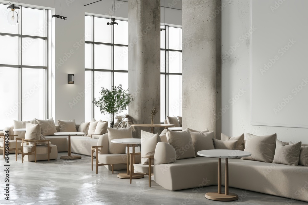 Fototapeta premium This mock-up shows a modern cafe interior with dining table and chairs, as well as a window.