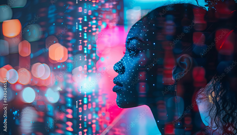 AI cyber hacking concept banner. Black female cyberspace security IT ...