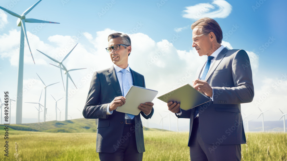 two men are examining windmills and writing documents
two men are examining windmills and writing documents