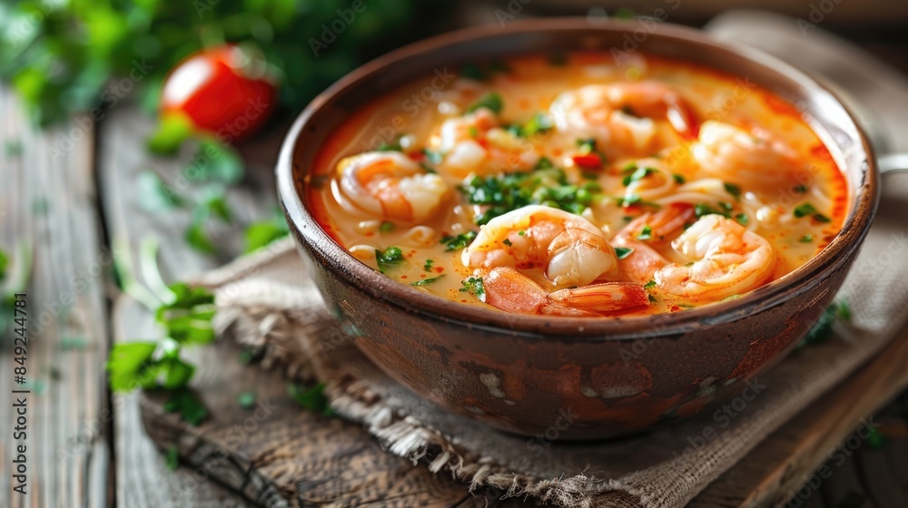 Tom Yum Kung soup bowl on a wooden table. Tom Yum Kung soup bowl on a wooden table.