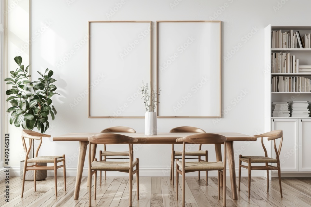 Mockup frames showing two views of the interior of a stylish living room with an eating table and shelf Mockup frames showing two views of the interior of a stylish living room with an eating table and shelf