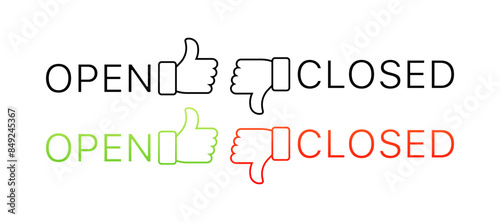 Open, closed set icons. Like, dislike icons. Flat and linear styles. Vector icons.