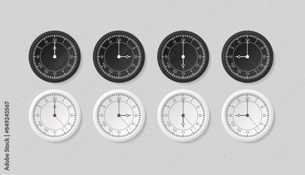 Naklejka premium Clocks set icons. Time from start to end of day icons. Flat style. Vector icons.